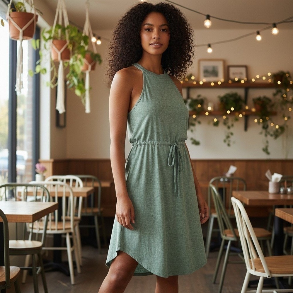 PatPat High-Neck Keyhole Back Tank Dress Small Heather Green Drawstring Waist